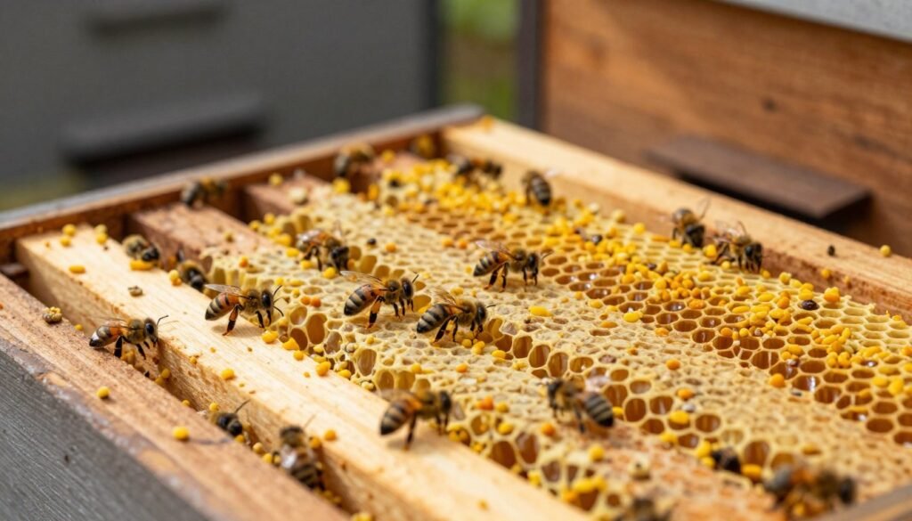 A close-up view of a wooden beehive interior, showcasing carefully placed pollen patties in various vibrant shades of yellow and orange, resting on top of hive frames. In the foreground, delicate worker bees can be seen interacting with the patties, busy and focused on their task. The middle ground features the honeycomb structure with hexagonal cells partially filled with honey and brood, illustrating a thriving colony environment. The background fades softly with the muted colors of the hive wooden walls, highlighted by warm, natural sunlight filtering through a small entrance. The atmosphere feels calm and industrious, emphasizing the nurturing aspect of beekeeping. Shot with a macro lens, creating a crisp focus on the pollen patties while slightly blurring the background for depth.
