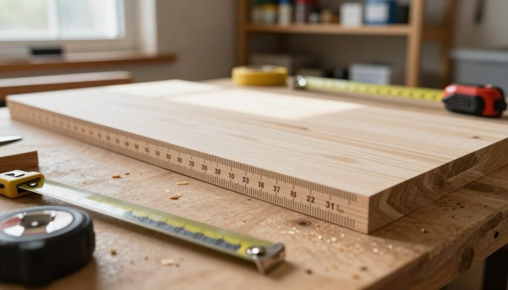 A close-up view of a wooden board measuring approximately 1 inch thick, with a focus on the board's bottom edge, clearly showing measurement markings in both imperial and metric units. The scene is set on a workbench cluttered with woodworking tools—like a tape measure and a square—indicating an active project. The lighting is bright and natural, streaming in from a nearby window, casting soft shadows to enhance the texture of the wood. In the background, blurred shelves filled with beekeeping supplies provide context without distraction. The mood is industrious yet calm, emphasizing precision and craftsmanship in preparing materials for a beehive. A close-up view of a wooden board measuring approximately 1 inch thick, with a focus on the board's bottom edge, clearly showing measurement markings in both imperial and metric units. The scene is set on a workbench cluttered with woodworking tools—like a tape measure and a square—indicating an active project. The lighting is bright and natural, streaming in from a nearby window, casting soft shadows to enhance the texture of the wood. In the background, blurred shelves filled with beekeeping supplies provide context without distraction. The mood is industrious yet calm, emphasizing precision and craftsmanship in preparing materials for a beehive.