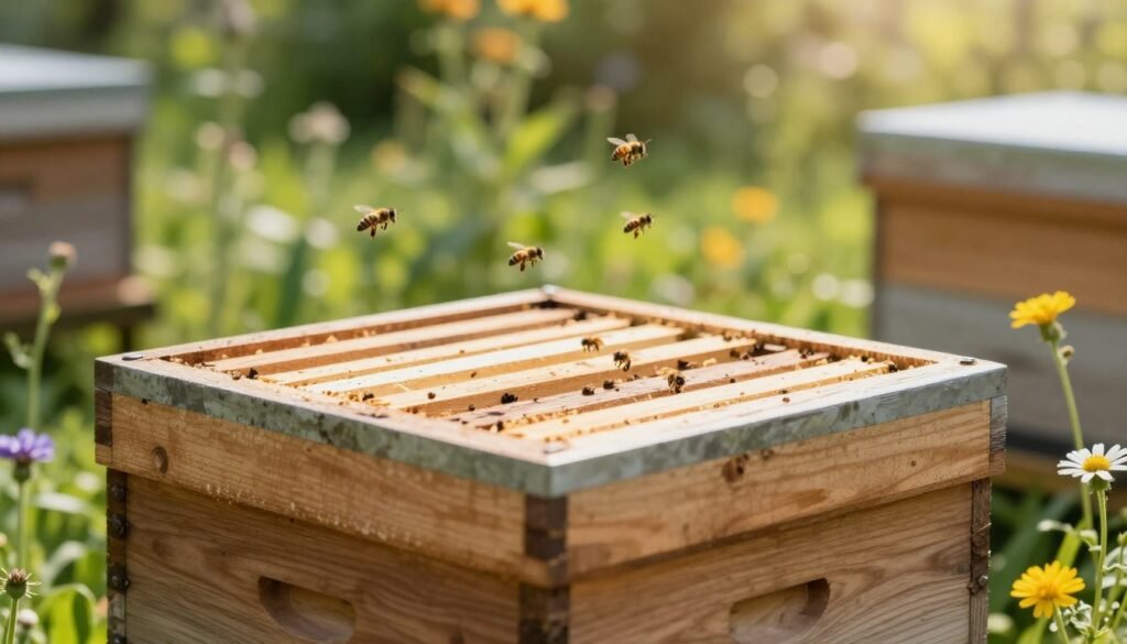 A close-up view of a wooden hive box placed in a lush, green garden, showcasing its suitability for bees. In the foreground, focus on the textured surface of the hive box, with vibrant wildflowers blooming around it. In the middle ground, a few bees can be seen flying in and out of the hive, symbolizing activity and life. The background consists of a blurred garden landscape, with soft sunlight filtering through the leaves, creating a warm and inviting atmosphere. The overall mood is serene and productive, highlighting the importance of a well-suited hive environment. The lighting is natural, capturing a bright and clear day. The image is taken from a slightly elevated angle to emphasize the hive’s details and surroundings. A close-up view of a wooden hive box placed in a lush, green garden, showcasing its suitability for bees. In the foreground, focus on the textured surface of the hive box, with vibrant wildflowers blooming around it. In the middle ground, a few bees can be seen flying in and out of the hive, symbolizing activity and life. The background consists of a blurred garden landscape, with soft sunlight filtering through the leaves, creating a warm and inviting atmosphere. The overall mood is serene and productive, highlighting the importance of a well-suited hive environment. The lighting is natural, capturing a bright and clear day. The image is taken from a slightly elevated angle to emphasize the hive’s details and surroundings.