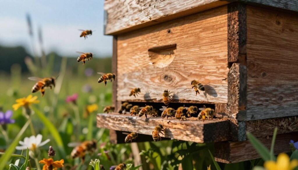 A close-up view of a wooden hive entrance nestled in a lush garden, showcasing bees actively flying in and out, with a focus on the hive’s vibrant details. The foreground features a variety of bees, highlighted by the soft glow of early morning sunlight, creating a golden hue on their delicate wings. In the middle, the hive is constructed from rustic wood, with visible grain and natural imperfections, surrounded by colorful wildflowers and greenery. The background includes a blurred, serene landscape of trees and blue sky, depicting a peaceful environment. The atmosphere is calm yet busy, emphasizing the importance of a secure and thriving bee colony, captured with natural lighting from a low angle to enhance the richness of the scene.