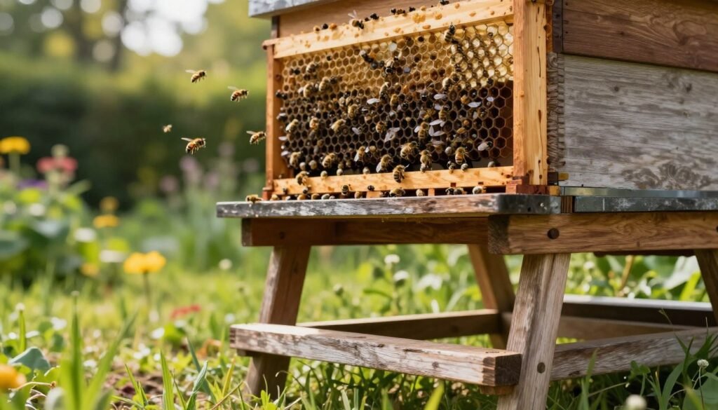 A close-up view of a wooden hive stand in a serene garden setting, showcasing the ideal height of the stand for beekeeping. In the foreground, the focus is on the sturdy legs of the hive stand, crafted from weathered timber. The middle ground features a traditional beehive resting on the stand, intricately detailed with bees flying around it. In the background, a lush green landscape unfolds with soft sunlight filtering through the trees, creating a warm, welcoming atmosphere. The image is captured from a slightly elevated angle to emphasize the height of the hive stand, with natural lighting enhancing the textures of the wood and the vibrant colors of the garden. The scene conveys a sense of tranquility and harmony with nature, perfect for illustrating best practices in hive stand height.