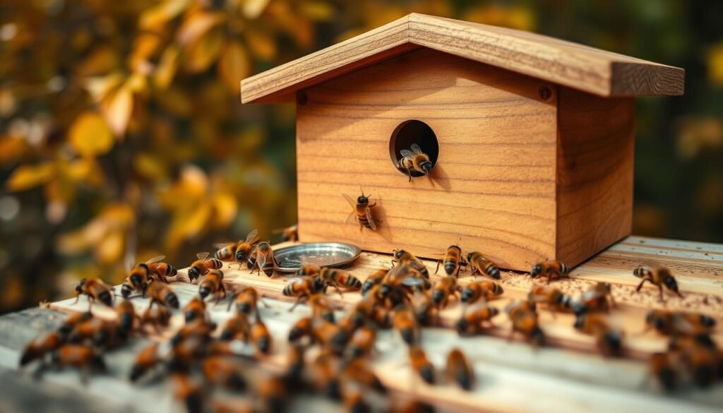 A close-up view of a wooden hive top feeder, intricately designed with compartments for syrup and pollen substitute. In the foreground, show bees actively gathering around the feeder, highlighting their important role in foraging. In the middle, depict the feeder as the focal point, with a few bees entering and exiting the feeder, demonstrating their interaction with it. In the background, feature a softly blurred apiary setting with lush fall foliage, showcasing the seasonal context. Use natural lighting to evoke a warm, inviting atmosphere, with soft shadows enhancing the texture of the wood and the shimmer of the syrup. Capture this scene from a slightly elevated angle to provide depth and an appealing perspective. A close-up view of a wooden hive top feeder, intricately designed with compartments for syrup and pollen substitute. In the foreground, show bees actively gathering around the feeder, highlighting their important role in foraging. In the middle, depict the feeder as the focal point, with a few bees entering and exiting the feeder, demonstrating their interaction with it. In the background, feature a softly blurred apiary setting with lush fall foliage, showcasing the seasonal context. Use natural lighting to evoke a warm, inviting atmosphere, with soft shadows enhancing the texture of the wood and the shimmer of the syrup. Capture this scene from a slightly elevated angle to provide depth and an appealing perspective.