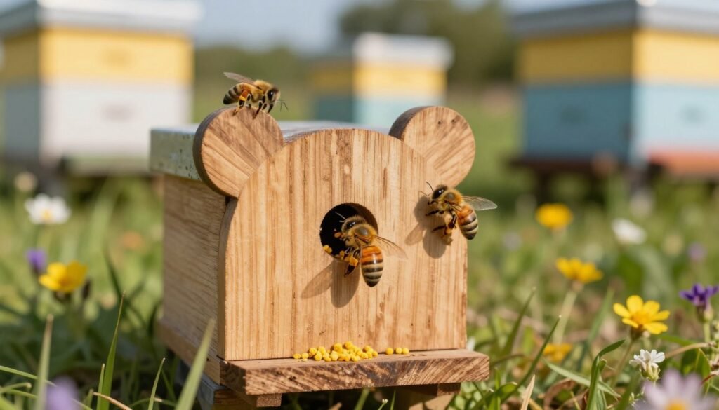 A close-up view of a wooden mouse guard designed for beehives, showcasing a small, round hole at its center, perfectly sized for honey bees. In the foreground, the textured wood grain is visible, with natural imperfections that lend character. The mouse guard is positioned on a grassy ground with colorful wildflowers scattered around. In the middle ground, bees are seen gently entering and exiting the hole, meticulously collecting pollen, adding a lively touch. The background displays a soft-focus of an apiary with hives basking in warm afternoon sunlight, casting gentle shadows. The scene is bright and inviting, depicting a serene atmosphere of a thriving bee environment, captured with a macro lens for sharp detail and vibrant colors, emphasizing the harmony of nature.