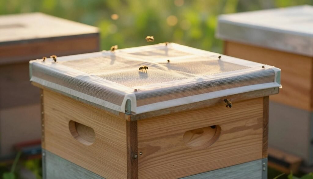 A close-up view of a wooden queen cage used for beekeeping, meticulously crafted with a transparent mesh top and a small circular entrance. The cage sits prominently in the foreground, showcasing the details of the wood grain and the mesh texture. Surrounding the cage, a few frames from a beehive are softly blurred in the middle ground, with bees in gentle motion, highlighting a natural habitat. The background features lush green foliage, softly blurred to create a serene and harmonious atmosphere. The lighting is warm and inviting, mimicking golden hour sunlight that casts a soft glow on the queen cage. The overall mood is calm and focused, ideal for illustrating the importance of managing the queen bee in beekeeping.