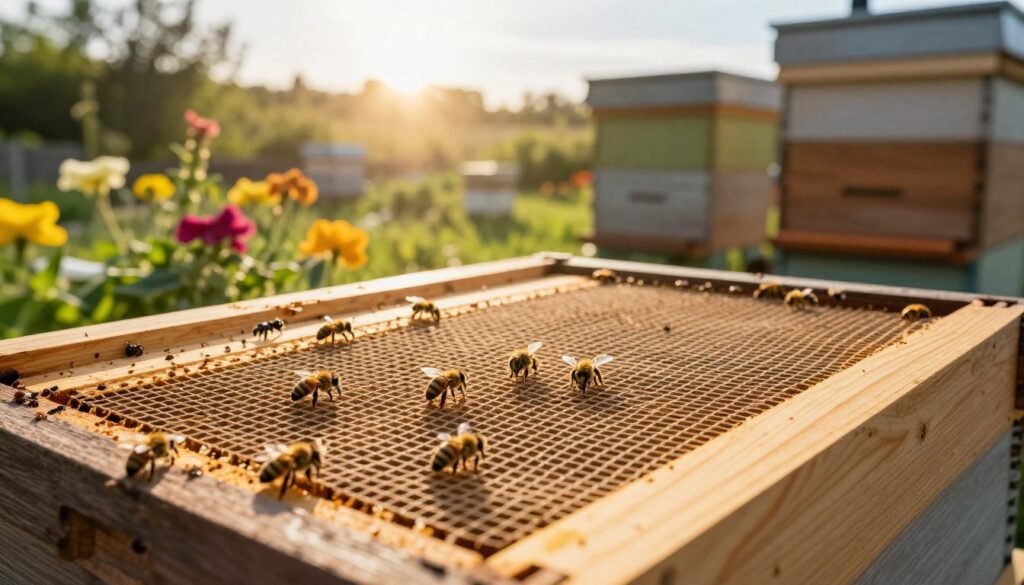 A close-up view of a wooden screened bottom board for beehives, showcasing its intricate mesh design and natural wood grain. In the foreground, a few bees are seen on the bottom board, actively moving, highlighting the hive's activity and health. In the middle ground, the entire bottom board is positioned within a charming backyard garden setting, where vibrant flowers bloom and greenery surrounds the hive. The background features a soft-focus view of a sunny sky, allowing warm, golden sunlight to illuminate the scene, creating a serene and productive atmosphere. The overall mood conveys a sense of harmony in nature, emphasizing sustainable beekeeping practices.