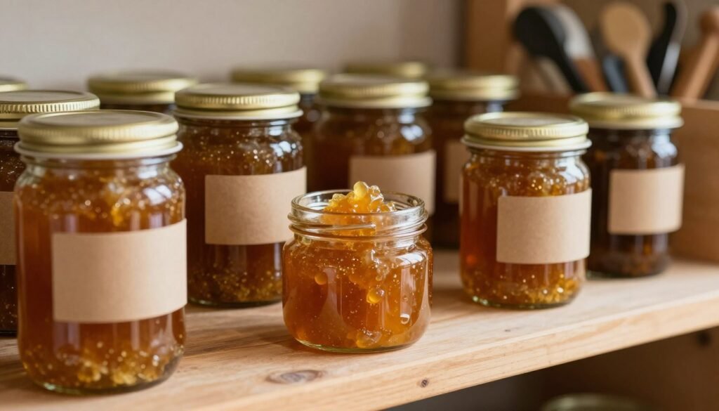 A close-up view of a wooden shelf, neatly organized with glass jars filled with golden-brown propolis resin. In the foreground, one jar is open, showcasing the sticky, textured resin glistening under soft, natural lighting. The middle ground features more jars, arranged harmoniously, with some jars displaying labels made from brown kraft paper. In the background, a softly blurred image of a rustic workshop filled with beekeeping tools and equipment gives context to the scene. The atmosphere is warm and inviting, emphasizing the natural and wholesome aspects of harvesting bee resin. The image is captured at eye level, highlighting the beauty and craftsmanship involved in storing propolis, with a focus on clear details and textures. A close-up view of a wooden shelf, neatly organized with glass jars filled with golden-brown propolis resin. In the foreground, one jar is open, showcasing the sticky, textured resin glistening under soft, natural lighting. The middle ground features more jars, arranged harmoniously, with some jars displaying labels made from brown kraft paper. In the background, a softly blurred image of a rustic workshop filled with beekeeping tools and equipment gives context to the scene. The atmosphere is warm and inviting, emphasizing the natural and wholesome aspects of harvesting bee resin. The image is captured at eye level, highlighting the beauty and craftsmanship involved in storing propolis, with a focus on clear details and textures.