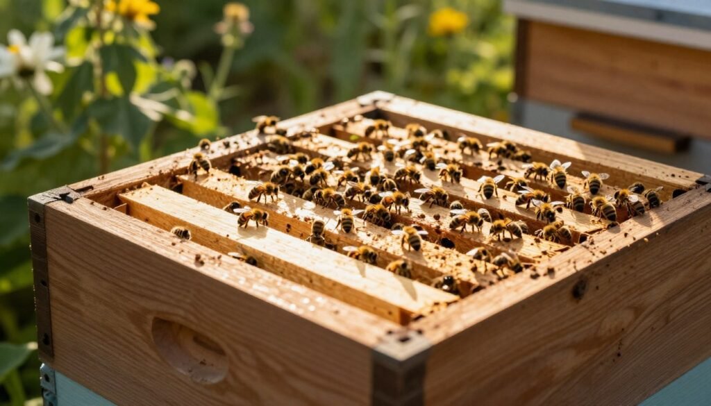 A close-up view of a wooden top bar hive, showcasing an intricately designed follower board in the upper section, allowing for optimal bee activity. The foreground features detailed textures of the wood, with a light sheen reflecting natural sunlight. In the middle, bees are seen busily interacting with the follower board, highlighting their cooperative nature. The background includes green foliage and flowering plants, softly blurred to create depth and a vibrant atmosphere of a healthy, thriving ecosystem. The lighting is warm and inviting, with rays of sunlight filtering through, casting gentle shadows. Capture the serene yet industrious mood of the hive, conveying the harmony between nature and beekeeping practices.