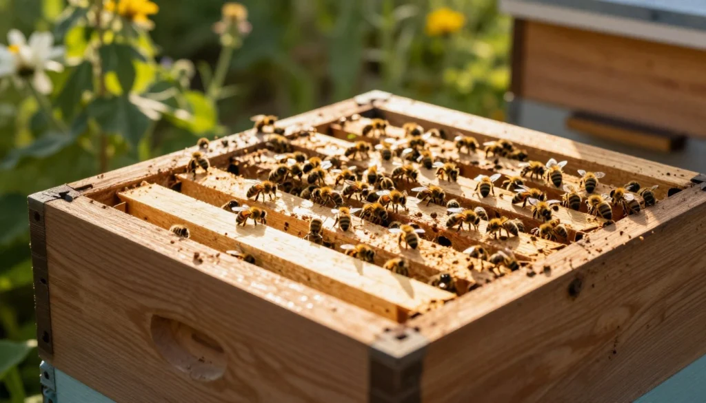 A close-up view of a wooden top bar hive, showcasing an intricately designed follower board in the upper section, allowing
