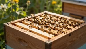 A close-up view of a wooden top bar hive, showcasing an intricately designed follower board in the upper section, allowing