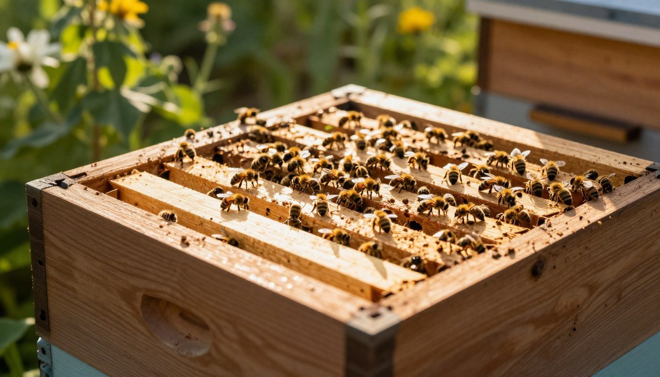A close-up view of a wooden top bar hive, showcasing an intricately designed follower board in the upper section, allowing