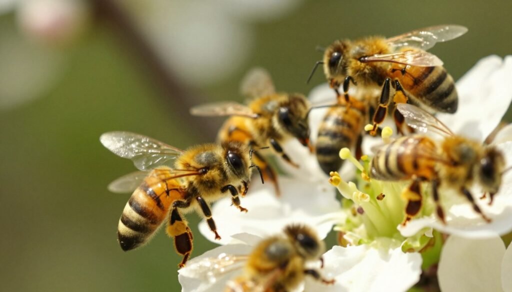 A close-up view of adult honeybees on a vibrant, blooming flower, highlighting their physical symptoms indicative of Trembling Bees Disease. The foreground features a few bees wobbling during flight, with noticeable trembling movements illustrated through motion blur. In the middle ground, other bees are resting on petals, with slightly distorted bodies and trembling wings, showcasing clear signs of distress. The background is softly blurred, depicting a lush garden, bathed in warm, natural sunlight that casts gentle highlights and shadows, creating a serene atmosphere. The angle is slightly tilted to emphasize the bees’ movements, inviting viewers to observe their condition closely while maintaining a sense of calm in the environment.