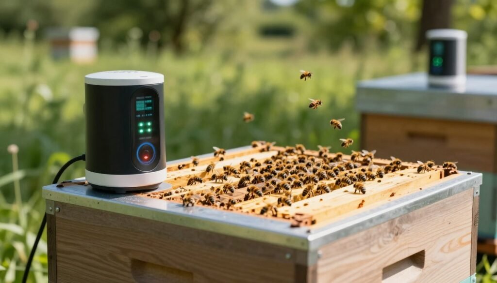 A close-up view of advanced hive monitoring sensors installed on a beehive. In the foreground, the sensors feature sleek and modern designs with LED indicators flashing, showcasing real-time data collection. The middle ground displays a wooden hive surrounded by buzzing bees, highlighting the interface where technology meets nature. The background features a lush green landscape with softly blurred trees, indicating a warm sunny day that casts gentle shadows. The lighting is bright and natural, emphasizing a sense of innovation and environmental harmony. The overall atmosphere is one of technological advancement in agricultural practices, focusing on sustainability and bee health, promoting a peaceful coexistence between science and nature.