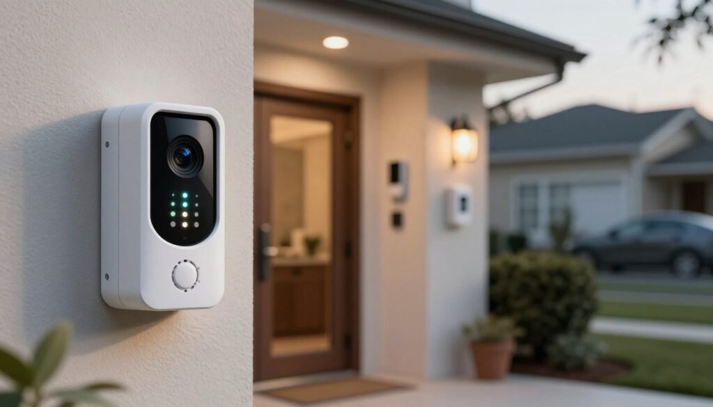 A close-up view of advanced sensor technology designed for secure home entrances, prominently featuring various sensors like motion detectors, infrared cameras, and door sensors. In the foreground, showcase intricate details of a motion sensor with LED indicators lit up, emphasizing the technology's sophistication. The middle ground should depict a sleek, modern home entrance where the sensors are strategically placed, creating a sense of security. In the background, a softly lit atmosphere with ambient lighting highlights the peaceful neighborhood, enhancing a feeling of safety. Use a shallow depth of field to focus sharply on the sensors, while the background softly blurs, evoking a sense of innovation and protection. The scene should convey a warm yet high-tech ambiance, suitable for a safety-focused narrative.