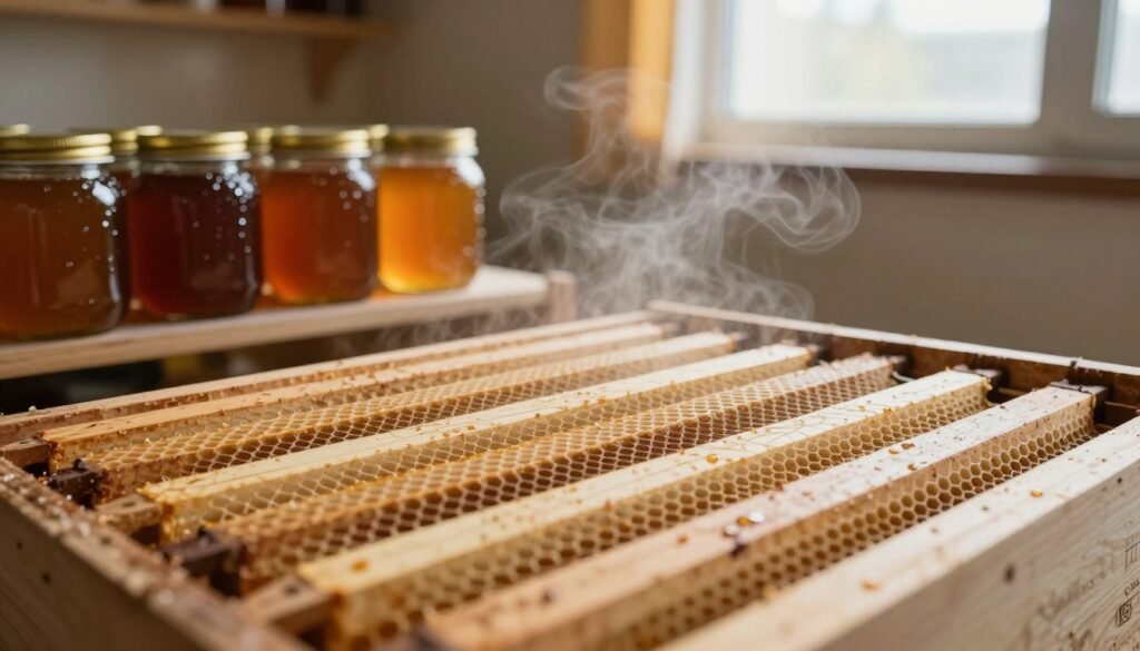 A close-up view of air circulation frames designed for managing humidity levels around honey storage. The foreground features a well-structured set of frames with fine mesh screens, showcasing an intricate network that promotes airflow. In the middle ground, jars of honey are arranged neatly on shelves, with droplets of condensation hinting at moisture challenges. The background contains a softly lit room, filled with warm light from a window, suggesting a cozy, controlled environment. A subtle haze of moisture lingers in the air, emphasizing the theme of humidity management. The mood is calm and scientific, conveying a professional atmosphere in a storage space dedicated to preserving honey quality.