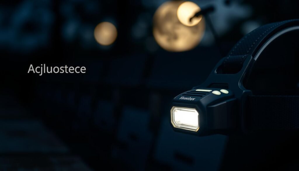 A close-up view of an adjustable brightness headlamp designed for low-light settings. The headlamp is prominently placed in the foreground, showcasing its sleek, ergonomic design with multiple brightness settings. The headband is made of durable, flexible material, highlighted by a soft, illuminated LED indicator. In the middle ground, a blurred but recognizable hive scene is dimly lit, creating shadows that suggest a nighttime inspection environment. The background is softly illuminated with hints of ambient light from the moon, enhancing the suspenseful yet professional atmosphere of an outdoor bee inspection. The image conveys a sense of reliability and necessity for those working in low-light conditions, focusing on the headlamp's practical features.