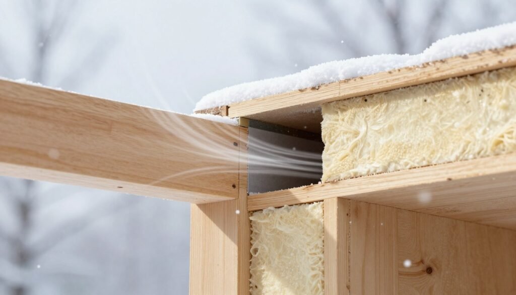 A close-up view of an air gap in a building structure designed for optimal winter ventilation, highlighting its importance in addressing insect intrusion and airflow management. In the foreground, focus on the cleanly defined space between two building materials, such as a wooden frame and insulation, showcasing textures and details. In the middle, illustrate subtle airflow represented by gentle wisps or lines to indicate movement, providing a visual cue of ventilation. The background should depict a winter scene with softly falling snowflakes, creating a chilly yet serene atmosphere. Use soft, diffused lighting to enhance the clarity of the air gap while maintaining a cool color palette that reflects the winter setting. Capture the image from a low angle, emphasizing the gap's significance in the structure.