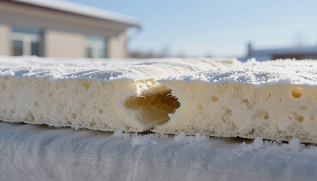 A close-up view of an air gap in a winter wrap insulation, illustrating the importance of proper ventilation. In the foreground, focus on a well-defined gap between two layers of insulating material, showcasing the texture of the winter wrap fabric, with intricate detailing like stitching and insulation fibers. In the middle ground, include a blurred section of a building's exterior, hinting at a chilly winter environment with frost forming on the edges. The background features a soft-focus of a clear blue sky, indicating a bright, crisp winter day. Use natural lighting to create a clear, crisp atmosphere, highlighting the importance of the air gap. The composition should evoke a sense of clarity and precision, suitable for a technical illustration.