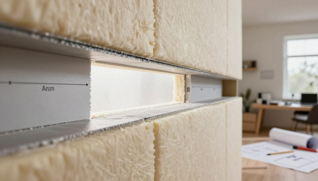 A close-up view of an air gap installation between insulated walls and ceilings in a well-lit residential space. In the foreground, highlight the sleek, modern insulation materials with labeled edges that show the gap dimensions clearly. The middle section captures the air gap itself, illustrating the importance of ventilation with light gently passing through, allowing for a bright and airy feel. In the background, depict the interior of a home showing an organized workspace, perhaps with tools and an architect's blueprint nearby, conveying a professional atmosphere. Utilize soft, natural lighting to enhance the quality of the image, suggesting warmth and protection essential for winter installations.