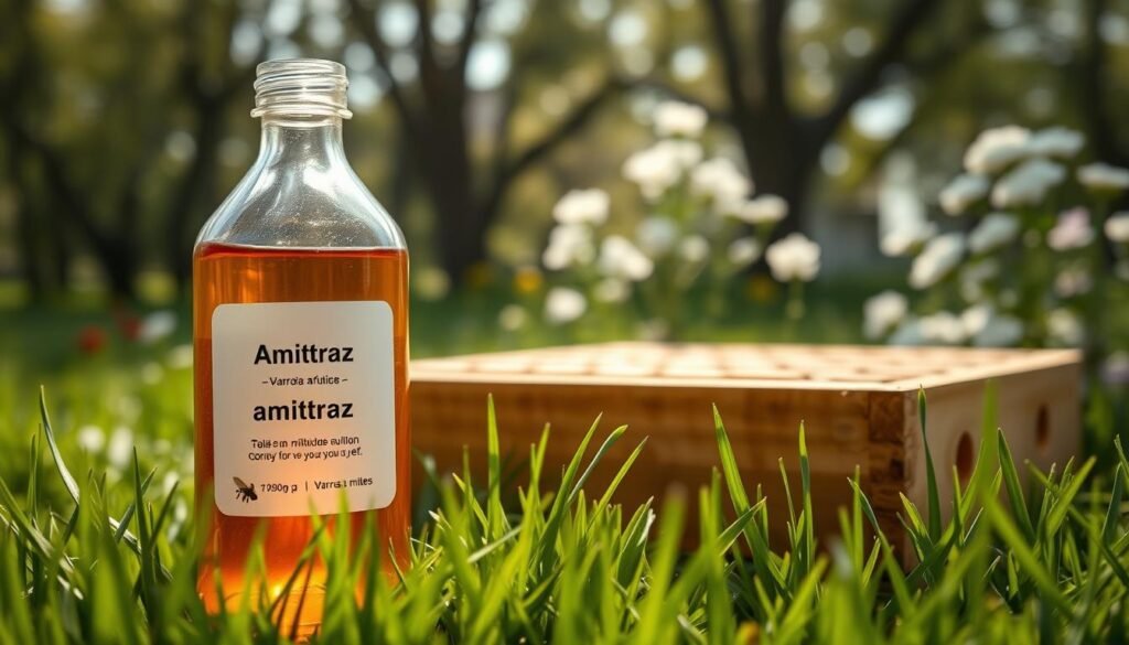A close-up view of an amitraz-based miticide solution, showcasing a clear glass bottle filled with a vibrant amber liquid, prominently placed in the foreground. The bottle should feature a simple label design, indicating its use in controlling Varroa mites, while remaining devoid of any text. In the middle ground, a wooden hive frame with capped honey cells reflects the beekeeping context, surrounded by gentle green grass. The background should display a soft-focus garden scene with blooming flowers, emphasizing a peaceful, natural atmosphere. Soft, diffused sunlight filters through the trees, creating a serene, warm glow, while a macro lens perspective enhances the intricate details of the bottle and hive components. The overall mood is informative and professional, suitable for a scientific article.