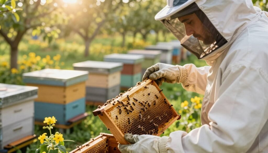 A close-up view of an apiarist in a protective suit carefully inspecting beehives in an orchard. The foreground features the beekeeper holding a frame filled with bees, focusing intently on identifying varroa mites. In the middle, several beehives are arranged with vibrant flowering plants around them, symbolizing a healthy environment. The background shows lush greenery bathed in warm, soft sunlight filtering through trees, creating a serene atmosphere. The scene has a calm and focused mood, emphasizing the importance of precision in treatment methods. The lighting enhances the details of the bees and the honeycombs, capturing the essence of careful beekeeping practices that help avoid common treatment mistakes with varroa mites. A close-up view of an apiarist in a protective suit carefully inspecting beehives in an orchard. The foreground features the beekeeper holding a frame filled with bees, focusing intently on identifying varroa mites. In the middle, several beehives are arranged with vibrant flowering plants around them, symbolizing a healthy environment. The background shows lush greenery bathed in warm, soft sunlight filtering through trees, creating a serene atmosphere. The scene has a calm and focused mood, emphasizing the importance of precision in treatment methods. The lighting enhances the details of the bees and the honeycombs, capturing the essence of careful beekeeping practices that help avoid common treatment mistakes with varroa mites.