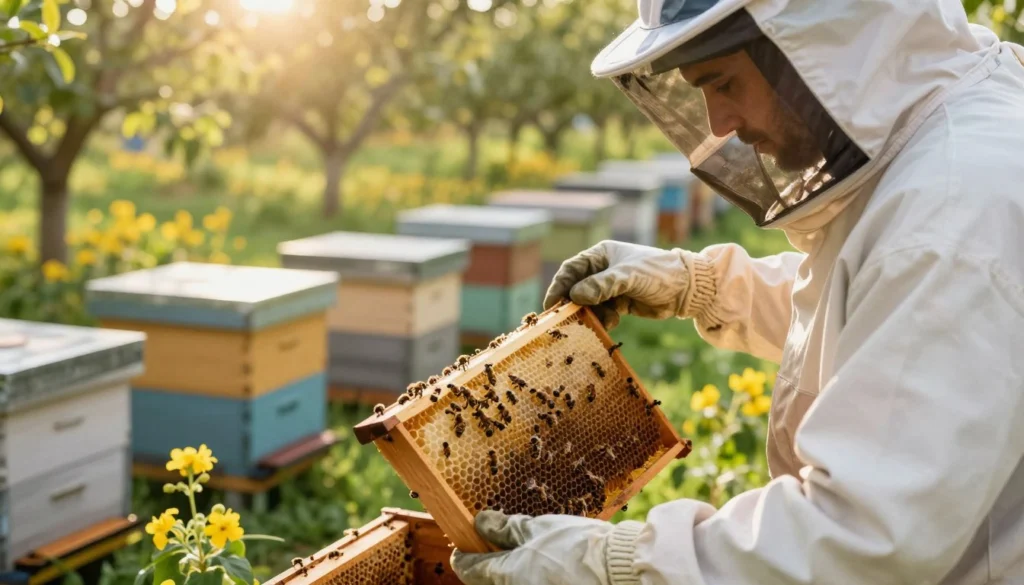 A close-up view of an apiarist in a protective suit carefully inspecting beehives in an orchard