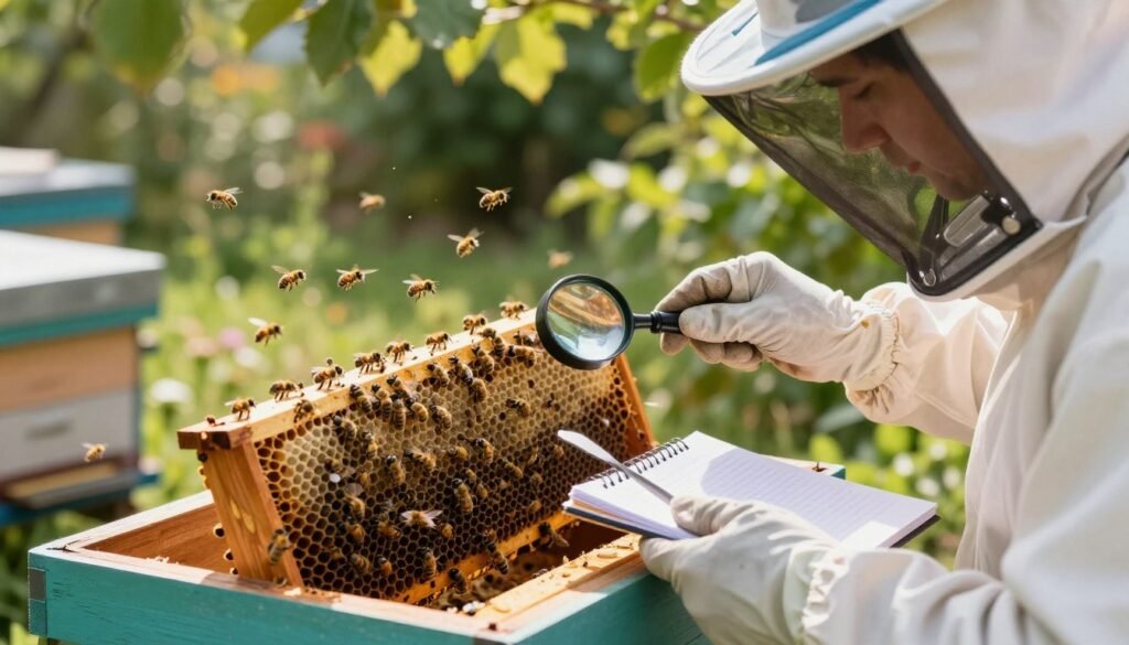 A close-up view of an apiarist inspecting a beehive, wearing professional protective gear, including a veil and gloves. In the foreground, focus on diagnostic tools such as a magnifying glass, a hive tool, and a health inspection notebook being used to assess the condition of bee brood. The middle ground features a well-maintained wooden beehive with bees actively flying around, showcasing different stages of brood development. In the background, a lush garden provides a natural habitat, with sunlight filtering through green leaves creating a warm, inviting atmosphere. The image captures a sense of professionalism and diligence in hive inspections, highlighting the importance of careful observation and accurate diagnosis in beekeeping practices.