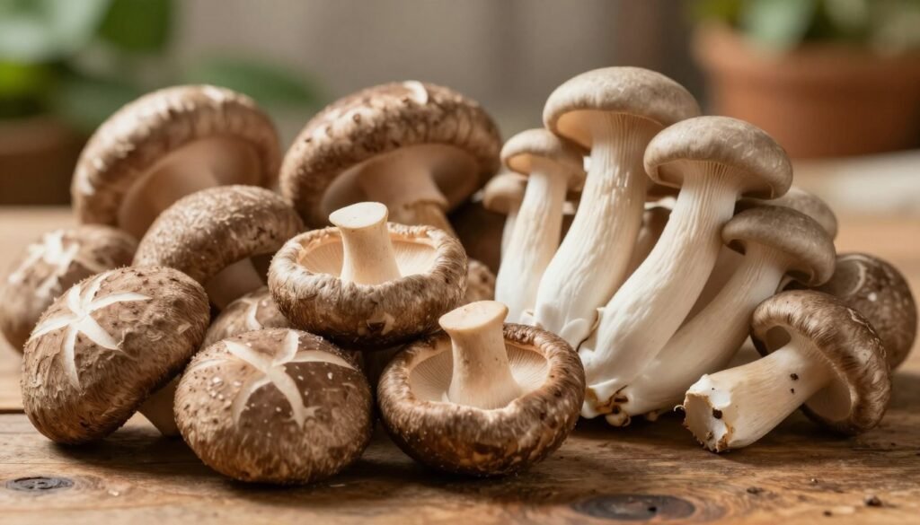 A close-up view of an assortment of gourmet mushrooms, featuring varieties like shiitake, oyster, and lion's mane, artistically arranged on a rustic wooden surface. The foreground displays the mushrooms with intricate details, highlighting their unique textures and rich colors. Soft, warm lighting creates gentle shadows, enhancing the organic feel of the scene. In the background, a blurred garden setting can be seen, with hints of greenery and soft earth tones, evoking a sense of nature and cultivation. The image should convey a rich, inviting atmosphere that celebrates the beauty and potential of niche market crops, focusing on the gourmet aspect of these mushrooms.