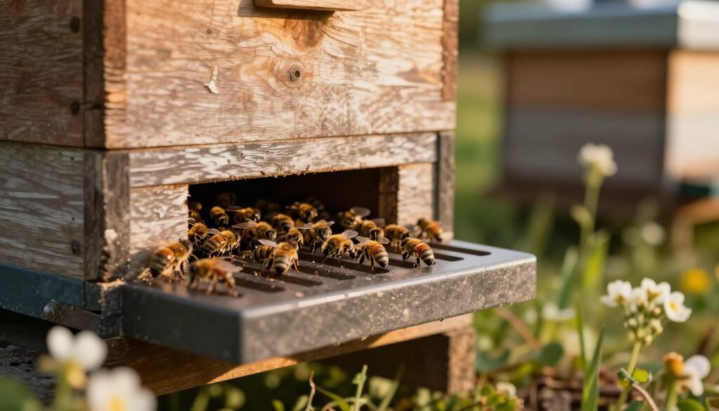 A close-up view of an entrance reducer for bee colonies, highlighting its practical design and functionality. In the foreground, the entrance reducer is made of durable, weather-resistant material, showcasing its slotted openings tailored for weak bee colonies. The bees can be seen busily entering and leaving through the reduced space, emphasizing their need for security. The middle ground features a hive with a rustic wooden texture, surrounded by blooming flowers to indicate a healthy environment. In the background, a softly blurred garden scene under warm, golden hour lighting creates an inviting atmosphere. The focus is sharp on the entrance reducer, capturing the intricate details, while the shallow depth of field adds a sense of intimacy and importance to this essential beekeeping tool.