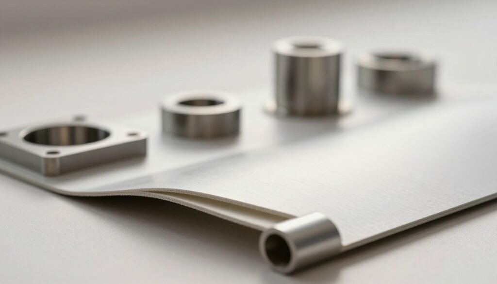 A close-up view of an entrance reducer material, showcasing its intricate texture and composition. In the foreground, focus on the smooth surface of the material, emphasizing its flexibility and durability with highlighted edges and subtle reflections. The middle ground features various samples of entrance reducers in different shapes and sizes, neatly arranged to show their adaptability for various applications. In the background, a soft gradient in neutral tones creates a professional and sleek atmosphere. Use soft, even lighting to enhance the material's features and add depth while employing a slight tilt-angle perspective to suggest a clinical, technical analysis. Aim for a mood of innovation and precision, illustrating the importance of material selection in optimal package performance.