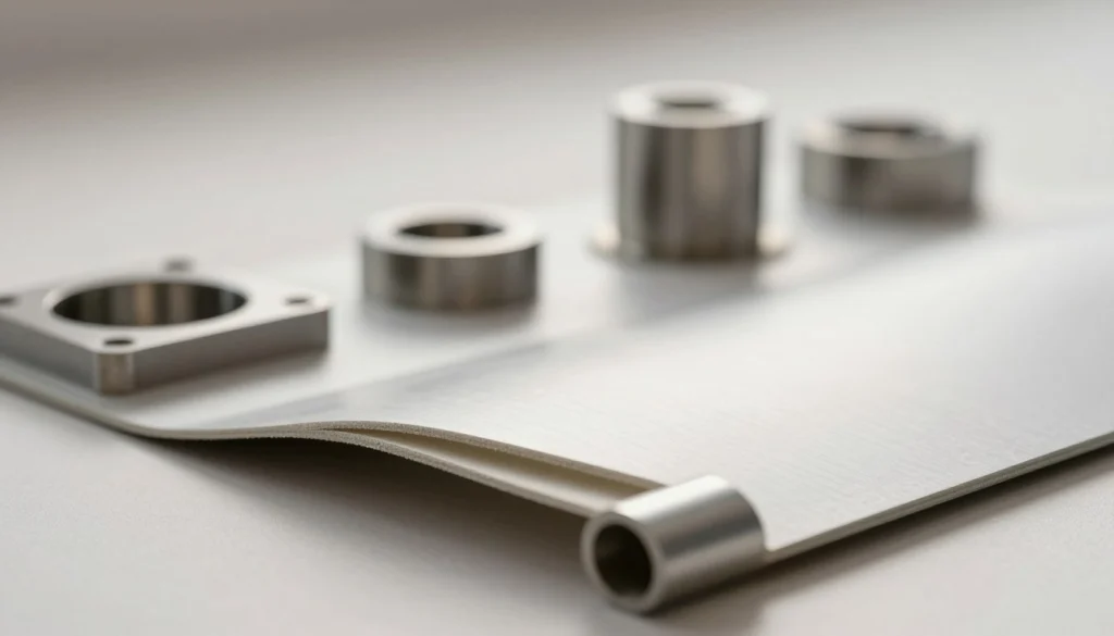 A close-up view of an entrance reducer material, showcasing its intricate texture and composition. In the foreground, focus on the smooth surface of the material, emphasizing its flexibility and durability with highlighted edges and subtle reflections. The middle ground features various samples of entrance reducers in different shapes and sizes, neatly arranged to show their adaptability for various applications. In the background, a soft gradient in neutral tones creates a professional and sleek atmosphere. Use soft, even lighting to enhance the material's features and add depth while employing a slight tilt-angle perspective to suggest a clinical, technical analysis. Aim for a mood of innovation and precision, illustrating the importance of material selection in optimal package performance. A close-up view of an entrance reducer material, showcasing its intricate texture and composition
