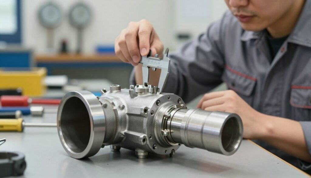 A close-up view of an entrance reducer, showcasing its intricate design and functionality. In the foreground, highlight the reducer's smooth, tapered edges and connection fittings, with a metallic sheen to emphasize its robust construction. In the middle ground, depict a technician in professional business attire examining the reducer, using a caliper to measure specifications, reflecting a setting of precision work. The background should feature a well-organized workshop with tools and gauges, softly blurred to keep the focus on the reducer and the technician. Use natural lighting to create a realistic atmosphere, emphasizing detail and clarity. Capture the mood of focused troubleshooting, with an air of professionalism and technical expertise.
