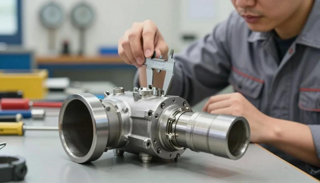 A close-up view of an entrance reducer, showcasing its intricate design and functionality. In the foreground, highlight the reducer's smooth, tapered edges and connection fittings, with a metallic sheen to emphasize its robust construction. In the middle ground, depict a technician in professional business attire examining the reducer, using a caliper to measure specifications, reflecting a setting of precision work. The background should feature a well-organized workshop with tools and gauges, softly blurred to keep the focus on the reducer and the technician. Use natural lighting to create a realistic atmosphere, emphasizing detail and clarity. Capture the mood of focused troubleshooting, with an air of professionalism and technical expertise. A close-up view of an entrance reducer, showcasing its intricate design and functionality