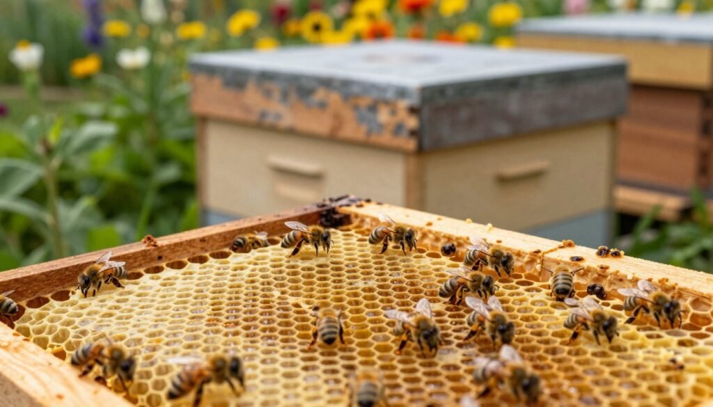 A close-up view of an established hive with a well-formed comb structure, showcasing the intricate hexagonal patterns filled with honey and larvae. In the foreground, a few bees are diligently working, with their delicate wings glistening under soft, natural sunlight. The middle ground features a wooden hive painted in soft earthy tones, slightly worn yet sturdy, with hints of green foliage surrounding it. Beyond, a blurred backdrop of a vibrant garden full of blooming flowers adds depth and context. The lighting creates a warm, inviting atmosphere, capturing the essence of a thriving bee environment. The angle emphasizes the detailed texture of the comb and the busy bees, conveying a sense of harmony and productivity. A close-up view of an established hive with a well-formed comb structure, showcasing the intricate hexagonal patterns filled with honey and larvae. In the foreground, a few bees are diligently working, with their delicate wings glistening under soft, natural sunlight. The middle ground features a wooden hive painted in soft earthy tones, slightly worn yet sturdy, with hints of green foliage surrounding it. Beyond, a blurred backdrop of a vibrant garden full of blooming flowers adds depth and context. The lighting creates a warm, inviting atmosphere, capturing the essence of a thriving bee environment. The angle emphasizes the detailed texture of the comb and the busy bees, conveying a sense of harmony and productivity.