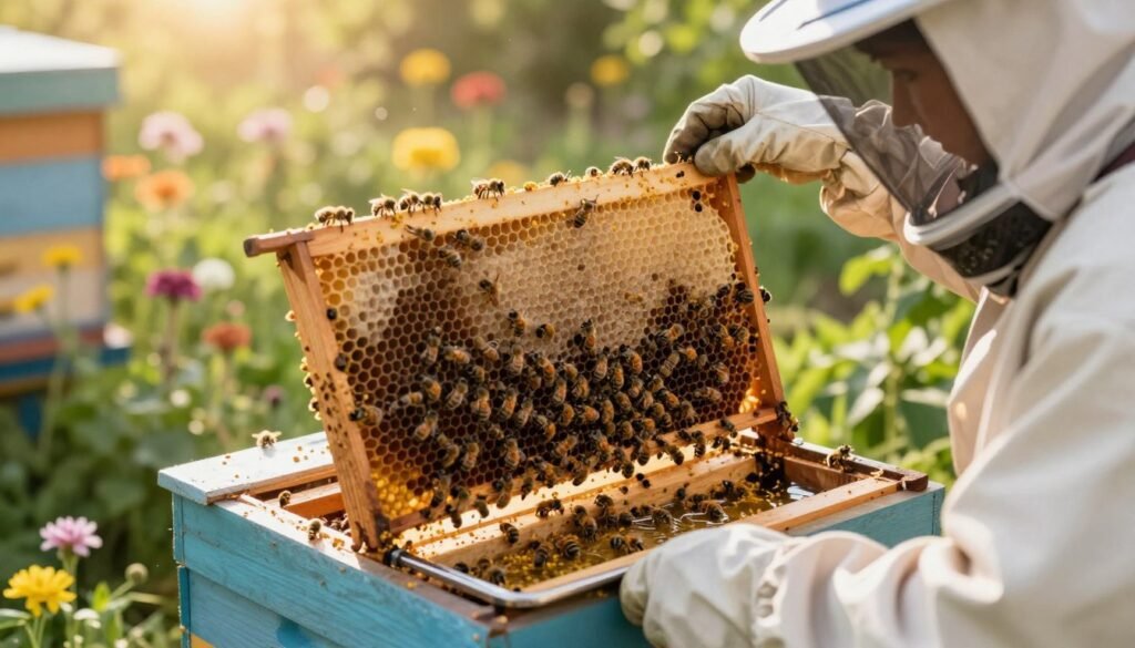 A close-up view of an expanding beehive in a lush garden setting, featuring bees actively building honeycomb. In the foreground, a beekeeper in a protective suit gently applies sugar water to a feeding tray, showcasing their dedication to nurturing the hive. The middle ground displays the hive intricately organized, with bees clustering around the entrance, visibly bringing in pollen. Background elements include blooming flowers and vibrant greenery, evoking a warm, sunny atmosphere. Soft, golden sunlight filters through, creating a serene and uplifting mood. The angle is slightly elevated, providing a comprehensive view of the hive's growth and the feeding process, conveying the theme of nurturing and expansion in the beekeeping journey. A close-up view of an expanding beehive in a lush garden setting, featuring bees actively building honeycomb. In the foreground, a beekeeper in a protective suit gently applies sugar water to a feeding tray, showcasing their dedication to nurturing the hive. The middle ground displays the hive intricately organized, with bees clustering around the entrance, visibly bringing in pollen. Background elements include blooming flowers and vibrant greenery, evoking a warm, sunny atmosphere. Soft, golden sunlight filters through, creating a serene and uplifting mood. The angle is slightly elevated, providing a comprehensive view of the hive's growth and the feeding process, conveying the theme of nurturing and expansion in the beekeeping journey.