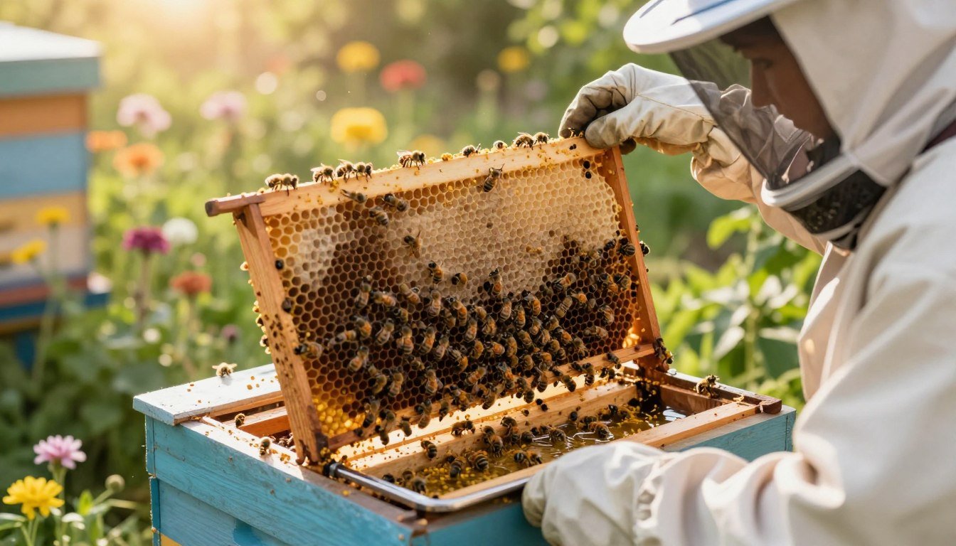 A close-up view of an expanding beehive in a lush garden setting, featuring bees actively building honeycomb