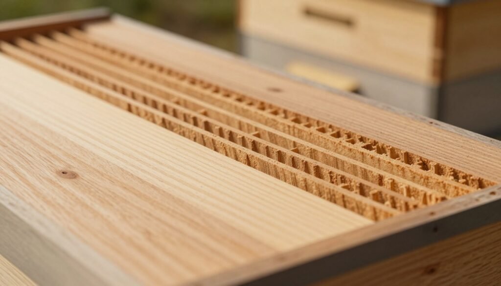 A close-up view of an expansion groove moisture board designed for a beehive, showcasing the precision-cut grooves that aid moisture control. In the foreground, highlight the smooth, natural wood texture of the moisture board, with visible grain patterns and slight imperfections that emphasize its handmade quality. The middle layer should display the grooves clearly, carved in a careful, uniform manner. In the background, include a softly blurred beehive to indicate context without distracting from the main subject. Use warm, natural lighting that casts gentle shadows, creating a cozy and inviting atmosphere. The angle should be slightly tilted down to capture both the board and hints of the beehive while maintaining focus on the intricate details of the expansion groove.