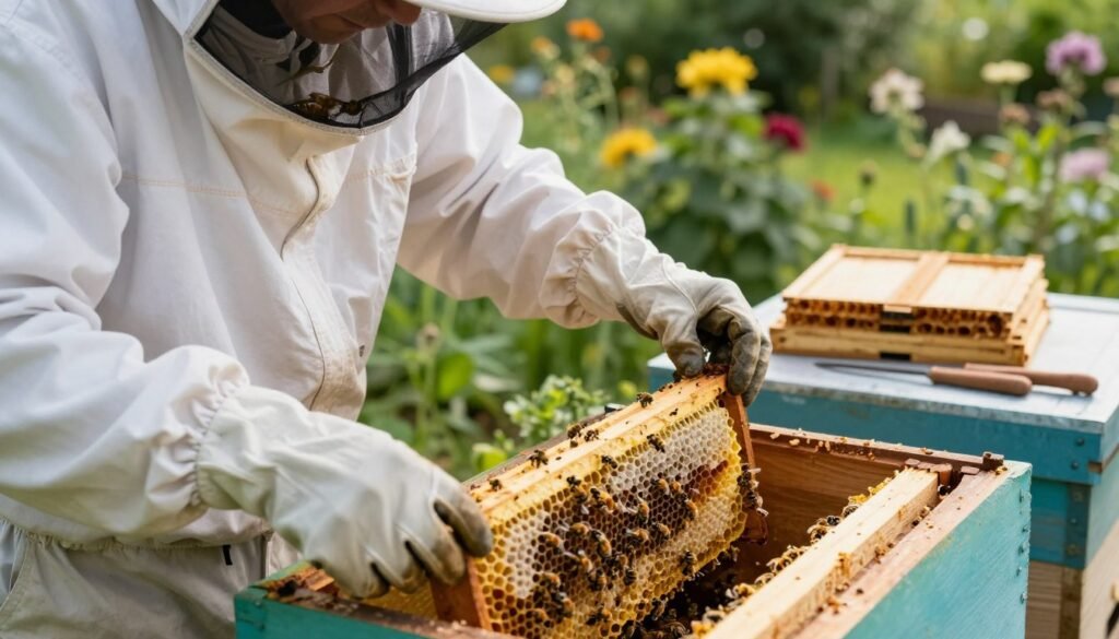 A close-up view of an experienced beekeeper in a professional white suit and gloves, carefully opening a wooden hive component during a hive inspection. The foreground features the beekeeper's hands gently prying apart the frames, showcasing bees and honeycomb inside the hive, with meticulous attention to detail. In the middle ground, stacks of disassembled hive parts lie nearby, illustrating the process of disassembly, while tools like a hive tool and smoker are visible. The background shows a lush garden filled with flowering plants, accented by soft, natural sunlight filtering through. The atmosphere conveys a sense of diligence and care, capturing the importance of responsible hive management. The image is shot with a shallow depth of field, blurring the background slightly to focus on the hive inspection.