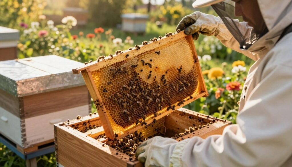 A close-up view of an experienced beekeeper performing bottom supering on a straight comb hive, showcasing methodical and careful placement of new boxes. In the foreground, the beekeeper, clad in a protective suit and gloves, gently lifts a box to place atop the hive. The middle ground features the hive itself, with pristine wooden frames filled with vibrant honeycomb, emphasizing the meticulous arrangement of bees and storage layers. In the background, an expansive garden with blooming flowers and greenery provides a natural setting, bathed in warm sunlight that creates a golden glow. The atmosphere is serene and industrious, reflecting the dedication to optimal beekeeping practices. The angle captures the action from slightly above, adding depth and focus on the beekeeper's careful technique.