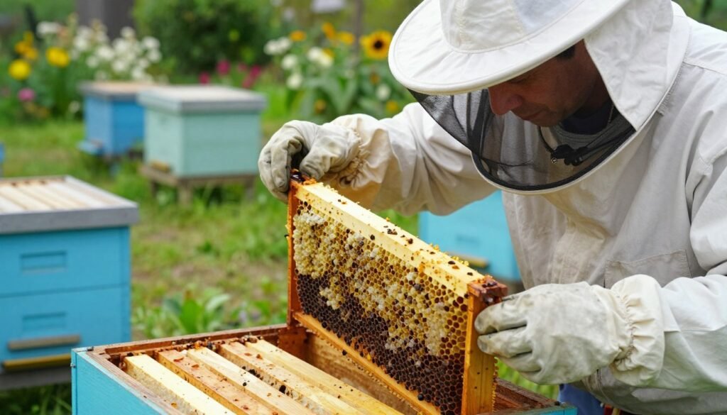 A close-up view of an experienced beekeeper, wearing a professional bee suit and veil, inspecting a nuc box filled with beehive frames outdoors. In the foreground, the beekeeper gently lifts a frame, examining it for signs of disease such as deformities or unusual patterns. The background features a lush garden with blooming flowers and other nuc boxes neatly arranged, creating a serene atmosphere. Soft, natural lighting highlights the details on the frame and the beekeeper's focused expression. Capture the moment at a slight angle to emphasize the inspection process, conveying a sense of diligence and professionalism in beekeeping practices.