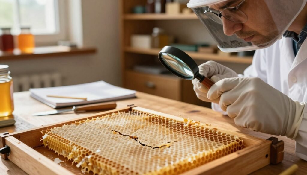 A close-up view of an individual in professional attire carefully examining old wax combs on a wooden table. The foreground features detailed wax frames showing honeycomb patterns, with some wax cracked and brittle, while others are still intact. The individual, wearing gloves, holds a magnifying glass to assess the structure and color of the wax. In the middle ground, scattered tools for inspection—such as a knife, wax scraper, and notebook—are subtly arranged. The background shows a warm, softly lit room filled with shelves of beekeeping equipment and jars of honey, creating a cozy atmosphere. Natural light streams in through a nearby window, casting gentle shadows, evoking a sense of careful craftsmanship and attention to detail.