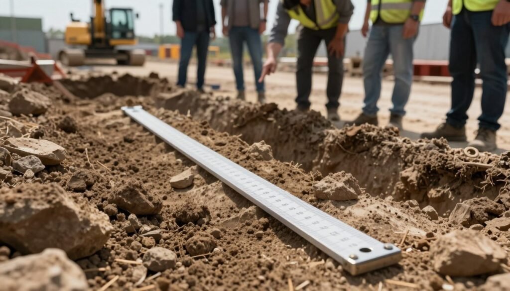 A close-up view of an industrial excavation site, focusing on a specific area where comb depth variations are being assessed. In the foreground, a large, detailed measuring tool with highlighted depth markings is positioned on uneven soil to illustrate depth variations. In the middle ground, a team of professionals in modest attire examines the excavated area, pointing at the ground. The background features a sunlit construction site, with machinery and safety equipment, giving a sense of ongoing work. Soft, natural lighting enhances the textures of the soil and tools, while a slightly lower angle adds depth and a sense of importance to the assessment. The atmosphere conveys diligence and professionalism, emphasizing the importance of safe construction practices. A close-up view of an industrial excavation site, focusing on a specific area where comb depth variations are being assessed. In the foreground, a large, detailed measuring tool with highlighted depth markings is positioned on uneven soil to illustrate depth variations. In the middle ground, a team of professionals in modest attire examines the excavated area, pointing at the ground. The background features a sunlit construction site, with machinery and safety equipment, giving a sense of ongoing work. Soft, natural lighting enhances the textures of the soil and tools, while a slightly lower angle adds depth and a sense of importance to the assessment. The atmosphere conveys diligence and professionalism, emphasizing the importance of safe construction practices.