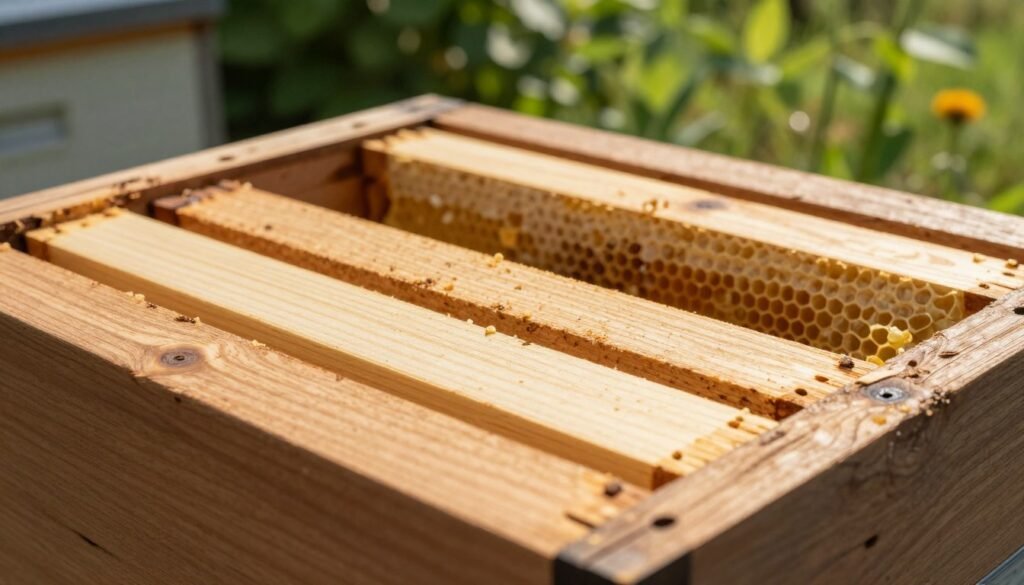 A close-up view of an inner cover hive top, showcasing its detailed wooden structure with fine craftsmanship. The foreground features the smooth, textured wood grain of the hive top, with small ventilation holes meticulously designed to enhance airflow. In the middle ground, a few honeycombs can be subtly seen through the gaps, hinting at hive activity. The background is a blurred but lush green garden setting, symbolizing the hive's connection to nature. The scene is bathed in warm, natural sunlight, casting soft shadows and highlighting the textures of the wood. The overall atmosphere is peaceful, emphasizing the importance of ventilation and hive health for thriving bee colonies.