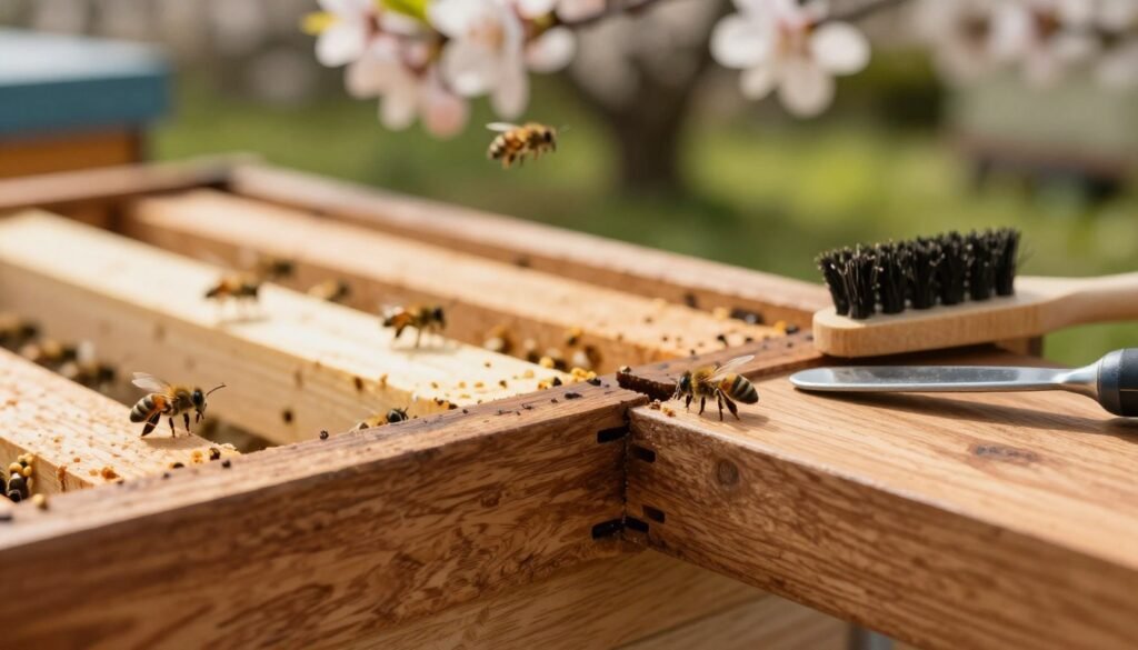 A close-up view of an inner cover notch for a beehive, prominently displayed in the foreground. The notch is made of smooth, polished wood with intricate grain patterns, showing a clear line marked for adjustment. Surrounding the notch are small tools such as a bee brush and a hive tool, hinting at the process of adjustment. In the middle ground, a light-colored wooden beehive can be seen, with bees flying around in a soft, sunny setting. The background showcases a blurred garden with blossoms and green foliage, bathed in warm, natural lighting that creates a tranquil atmosphere. The angle is slightly from above to emphasize the notch and tools, creating a focused, informative visual.