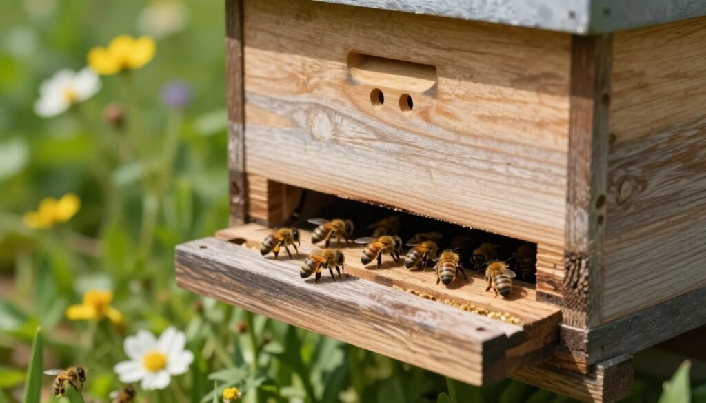 A close-up view of an innovative pest management hive entrance designed for beekeepers. The foreground features a detailed wooden hive entrance, meticulously crafted with ventilation holes for airflow and pest barriers incorporated into the design. In the middle, bees can be seen actively entering and exiting, creating a sense of liveliness and hustle. The background showcases a lush, green garden with blooming flowers and sunlight filtering through the leaves, enhancing the serene setting. Soft, natural lighting emphasizes the textures of the wood and the delicate wings of the bees. Capture the image from a slightly elevated angle, focusing on the entrance, to convey both functionality and harmony with nature, evoking a sense of sustainability and eco-friendliness in pest management practices.