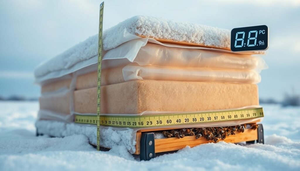 A close-up view of an insulated beehive in a cold climate, showcasing various types of hive wraps designed for maximum insulation effectiveness. In the foreground, display a vibrant, frosted beehive with clear layers of insulation material, highlighting their texture and thickness. The middle ground should include a measuring tape stretching alongside the hive, demonstrating R-value measurements, while a digital display panel shows the current temperature. The background features a snowy landscape with a soft blue sky, creating a serene winter atmosphere. Use soft, natural lighting to illuminate the beehive, accentuating its details. The angle should be slightly tilted to create depth, emphasizing the importance of hive insulation in cold weather. The overall mood will reflect a sense of warmth and protection amidst a chilly environment.