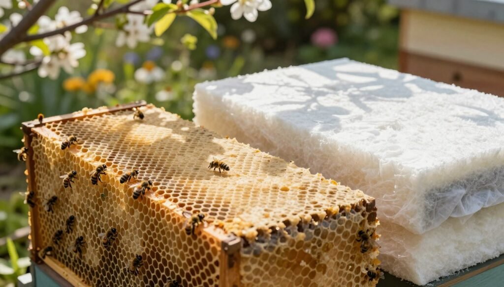 A close-up view of an insulated beehive wrap, showcasing its thick, textured fabric and insulation layers. The foreground features the beehive, intricately detailed with honeycomb patterns and bees buzzing around, indicating an active hive. In the middle, a contrasting foam board wrap lies adjacent to the beehive, highlighting differences in texture and design. The background is a soft-focus garden scene with blooming flowers and sunlight filtering through leafy branches, creating a bright and inviting atmosphere. Use natural daylight to emphasize the colors and textures of the materials, with a shallow depth of field to keep the focus on the hive wraps. Aim for a warm, educational mood that invites curiosity about beekeeping insulation methods.