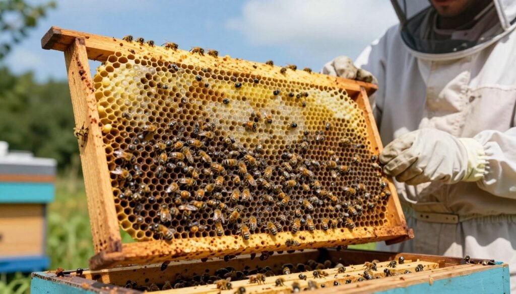 A close-up view of an integrated drone brood nestled within a beehive, showcasing the intricate cells filled with drone larvae. In the foreground, highlight a beekeeper in professional attire inspecting the hive, holding a frame with visible drone comb. In the middle ground, depict the vibrant texture and details of the comb, emphasizing the hexagonal structure and the shiny, translucent larvae. In the background, softly blurred green foliage and a sunny blue sky create a serene atmosphere. Use natural lighting to cast gentle shadows, enhancing the depth and detail of the scene. Aim for a sense of harmony and balance, capturing the aspect of pest management strategies being thoughtfully implemented within a beekeeping context. A close-up view of an integrated drone brood nestled within a beehive, showcasing the intricate cells filled with drone larvae. In the foreground, highlight a beekeeper in professional attire inspecting the hive, holding a frame with visible drone comb. In the middle ground, depict the vibrant texture and details of the comb, emphasizing the hexagonal structure and the shiny, translucent larvae. In the background, softly blurred green foliage and a sunny blue sky create a serene atmosphere. Use natural lighting to cast gentle shadows, enhancing the depth and detail of the scene. Aim for a sense of harmony and balance, capturing the aspect of pest management strategies being thoughtfully implemented within a beekeeping context.