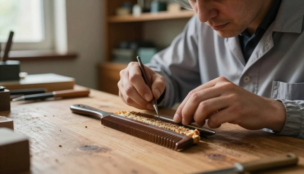 A close-up view of an old drawn comb lying on a wooden workbench, with a skilled technician in professional business attire carefully applying a package installation on the comb. The technician is focused, using precise tools with attention to detail. Soft, natural lighting filters through a nearby window, creating gentle highlights and shadows that enhance the textures of the comb and the workbench. In the background, blurred shelves filled with various beekeeping equipment create a workshop atmosphere. The image should evoke a sense of craftsmanship and safety, illustrating the careful process of installation while emphasizing the age of the comb. The overall mood is calm and professional, with a hint of curiosity about the task at hand.