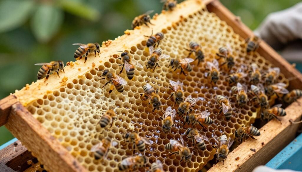 A close-up view of an old honeycomb frame filled with bees, showcasing the intricate, hexagonal wax cells. In the foreground, the weathered comb is slightly tilted to reveal the rich, golden honey within, glistening under soft natural light. The bees, industrious and focused, are depicted gently crawling over the surface, displaying various shades of black and yellow. In the middle ground, a slightly blurred beekeeping tool rests next to the comb, hinting at the care taken in maintaining the hive. The background features a serene apiary setting with green foliage subtly blurred, emphasizing the warm, inviting atmosphere of a thriving bee colony. The overall mood conveys a sense of harmony and productivity in nature.