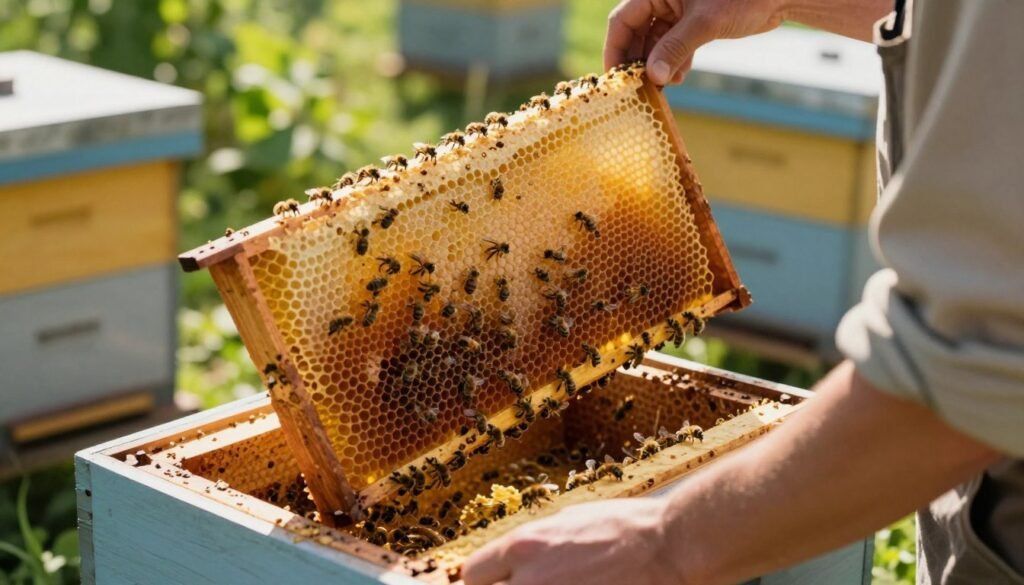 A close-up view of an open brood box frame in a bright, sunny apiary setting. The frame is partially removed from the hive, showing bees actively working on honeycomb filled with golden honey. In the foreground, a beekeeper in simple, modest casual clothing is gently inspecting the frame, demonstrating the careful process of rotating honey frames out of service. The background features lush green foliage and additional hives, with warm sunlight casting soft shadows, creating a peaceful, productive atmosphere. The image is shot with a shallow depth of field, focusing on the frame and the bees, while the rest of the scene remains slightly blurred to enhance the overall visual appeal. A close-up view of an open brood box frame in a bright, sunny apiary setting. The frame is partially removed from the hive, showing bees actively working on honeycomb filled with golden honey. In the foreground, a beekeeper in simple, modest casual clothing is gently inspecting the frame, demonstrating the careful process of rotating honey frames out of service. The background features lush green foliage and additional hives, with warm sunlight casting soft shadows, creating a peaceful, productive atmosphere. The image is shot with a shallow depth of field, focusing on the frame and the bees, while the rest of the scene remains slightly blurred to enhance the overall visual appeal.